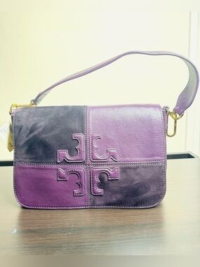 Tory Burch Natalie Patchwork Purple suede Colorblock Leather Shoulder Bag